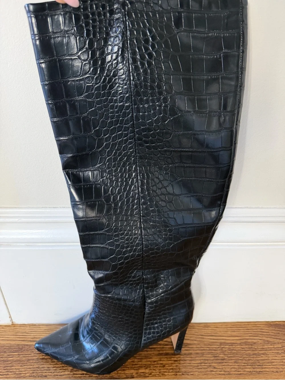 Black Croc-Embossed Pointed-Toe Knee Boots - Women's
